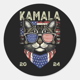 Sticker Rond Chat Lady Kamala-harris 2024 American Flag Cute Ch