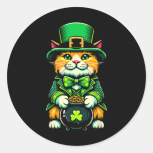 Sticker Rond Chat Leprechaun de la Saint-Patrick Chat Trèfle Ir