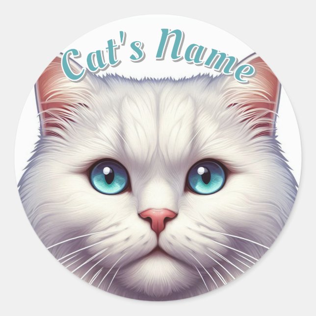 Sticker Rond Chat Longhair blanc assez jolie ・ Personnalisé (Devant)