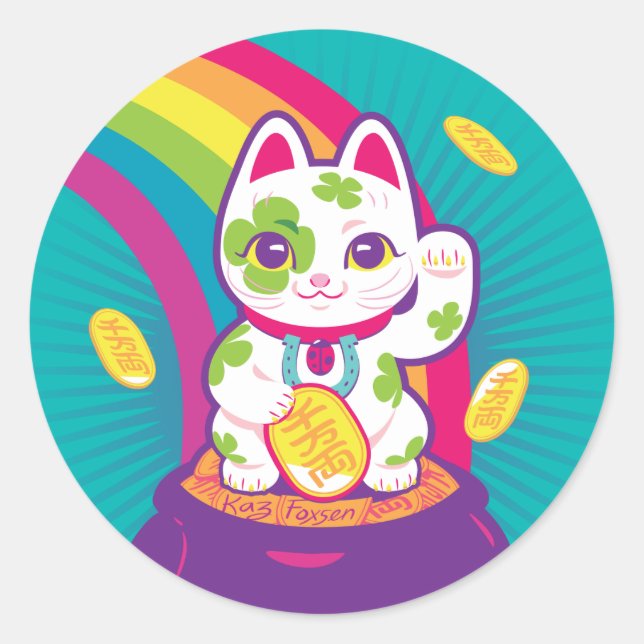 Sticker Rond Chat Lucky Maneki Neko Bon Pot de chance d'or (Devant)