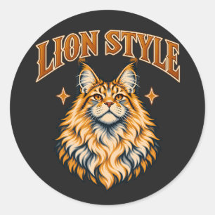 Sticker Rond Chat Maine Coon de style Lion Orange Tabby Art