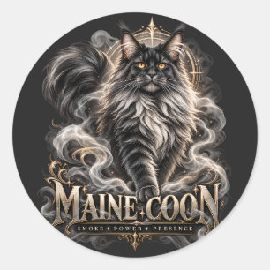 Sticker Rond Chat Maine Coon Fumée Noire Or Fantastique