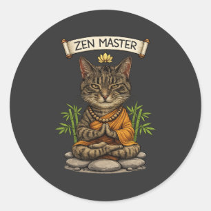 Sticker Rond Chat Maître Zen Drôle Chat Gris Tabby Cadeau