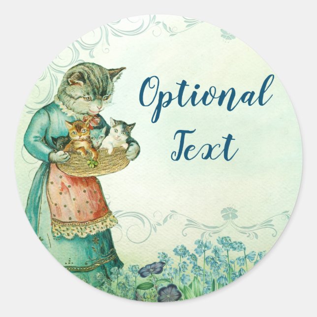 Sticker Rond Chat maman vintage avec chatons (Devant)