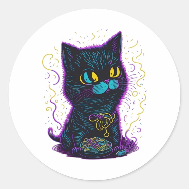 Sticker Rond chat mangeant des nouilles. (Devant)