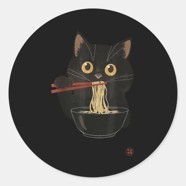 Sticker Rond Chat Mangeant des Ramen Drôle Japonais Kawaii Chat (Devant)