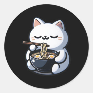 Sticker Rond Chat Manger Ramen nouilles Kawaii Anime Japonais C