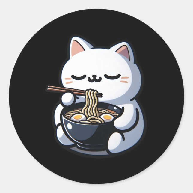 Sticker Rond Chat Manger Ramen nouilles Kawaii Anime Japonais C (Devant)