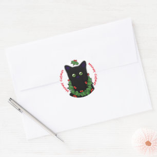 Sticker Rond Chat Meowy Catmas dessin Holly Berries Noël