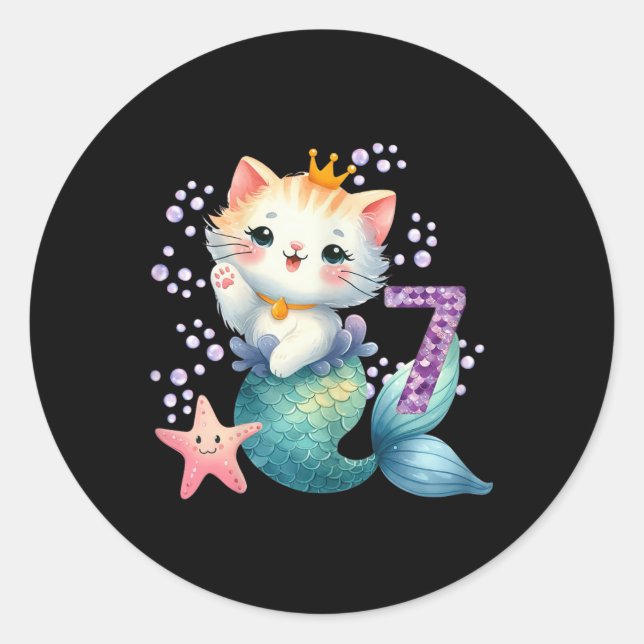 Sticker Rond Chat Mermaid 7e anniversaire 7 ans Fille ou (Devant)