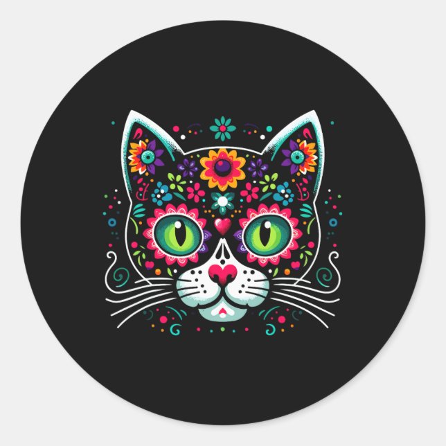 Sticker Rond Chat Mexicain Crâne de Sucre Mignon (Devant)