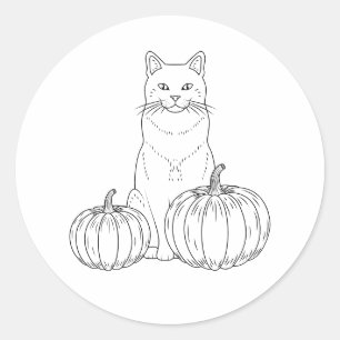 Sticker Rond Chat mignon assis avec citrouilles Ligne artistiqu