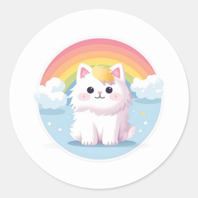 Sticker Rond Chat mignon avec arc-en-ciel et nuages (Devant)