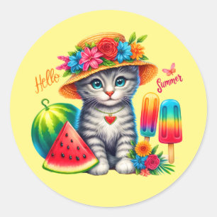 Sticker Rond Chat mignon bonjour été