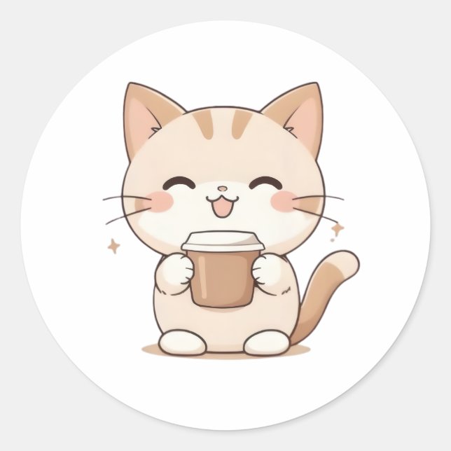 Sticker Rond Chat Mignon Buvant du Café Design Kawaii (Devant)
