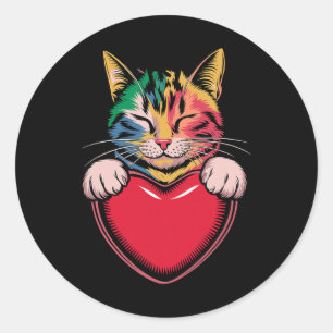Sticker Rond Chat mignon câlinant la Saint-Valentin Heart Kitty