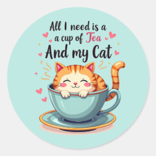Sticker Rond Chat Mignon dans une Tasse de Thé Kawaii Art Cosy