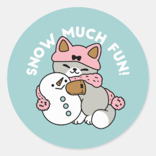 Sticker Rond Chat mignon en Engin à neige avec Art Snowman