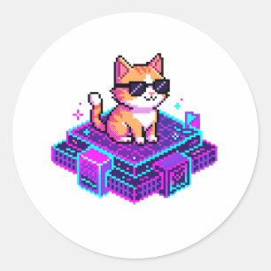 Sticker Rond Chat mignon en pixel art avec des lunettes de sole