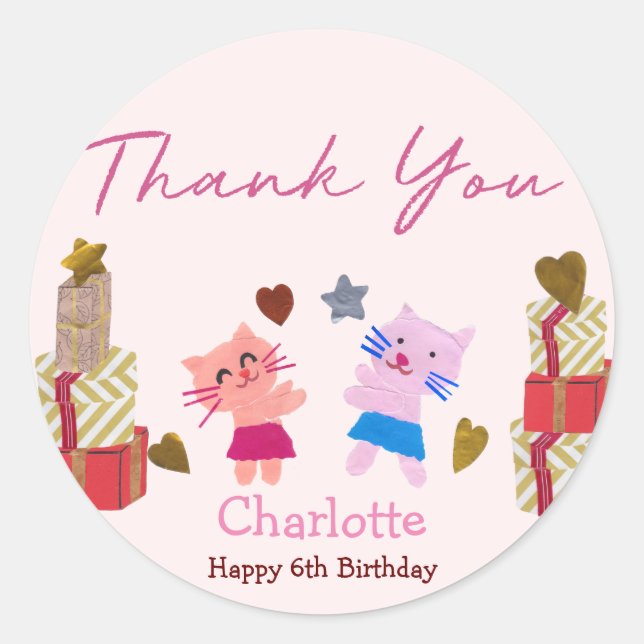 Sticker Rond Chat mignon et cadeaux | Fête d'anniversaire rose (Devant)
