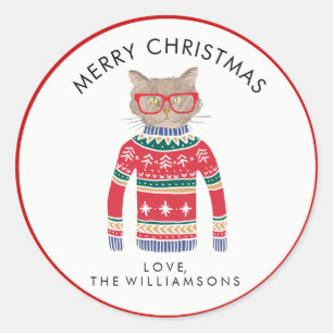 Sticker Rond Chat mignon et drôle portant un laide de Noël