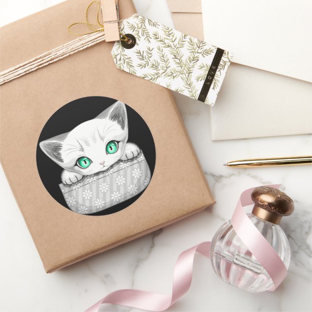 Sticker Rond Chat mignon et joueur sortant d'une poche (Cadeaux)