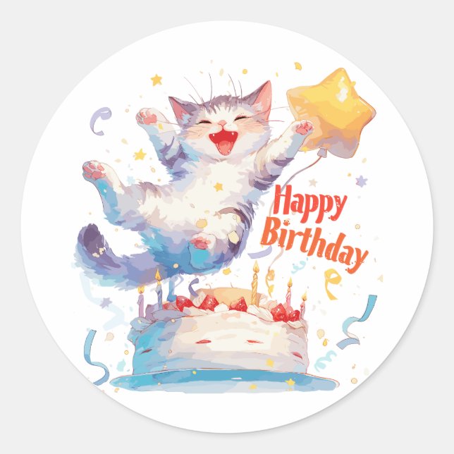 Sticker Rond Chat mignon Joyeux anniversaire (Devant)