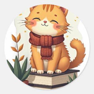 Sticker Rond Chat Mignon Livre Empilable Plante Succulente Cham