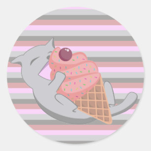 Sticker Rond Chat mignon mangeant de la glace rayée