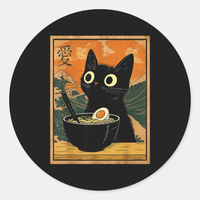 Sticker Rond Chat mignon mangeant des nouilles Ramen Cadeau drô (Devant)