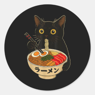 Sticker Rond Chat Mignon Mangeant Des Nouilles Ramen Drôle Cade