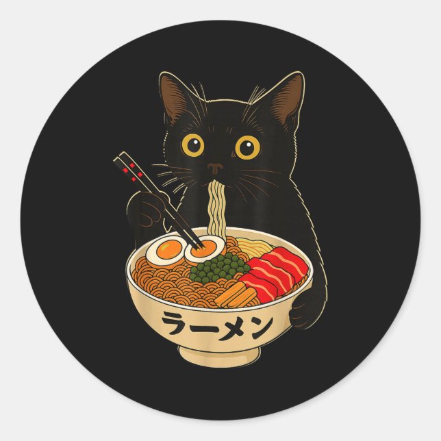 Sticker Rond Chat Mignon Mangeant Des Nouilles Ramen Drôle Cade (Devant)