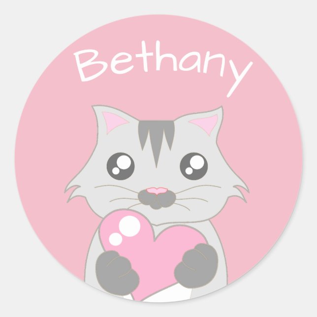 Sticker Rond Chat mignon tenant Coeur rose Personnalisé (Devant)