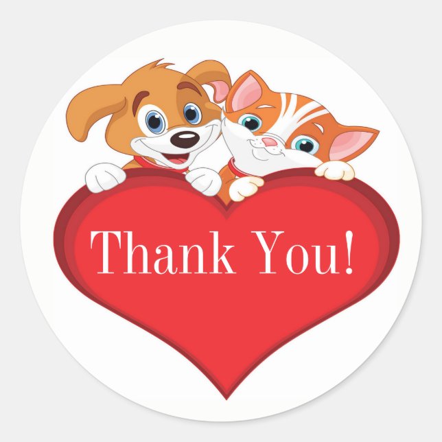 Sticker Rond Chat mignonne et chien avec Merci du coeur (Devant)