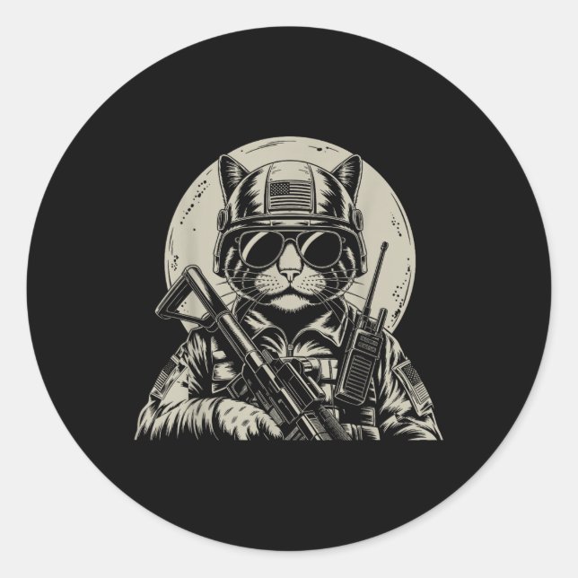 Sticker Rond Chat militaire Engin tactique Soldat vétéran Solda (Devant)