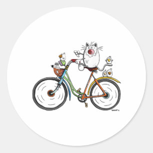 Sticker Rond Chat monte un vélo coloré - Chats - Cadeau - Drôle