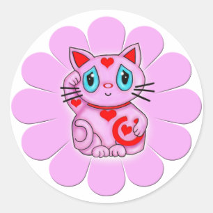 Sticker Rond Chat montrant du doigt chanceux rose de Maneki