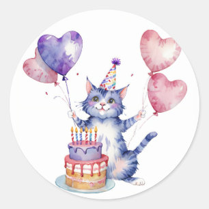 Sticker Rond Chat mou mauve Anniversaire de gâteau - Anniversai