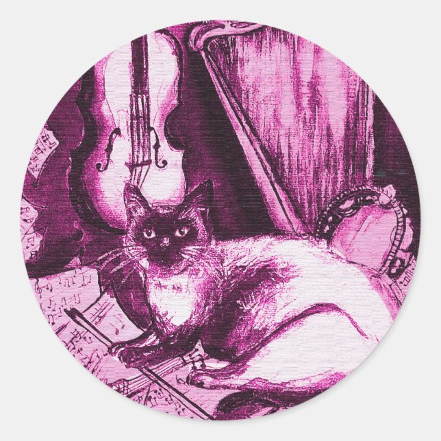 Sticker Rond CHAT MUSICALE, rose violet Fuchsia et blanc (Devant)