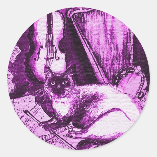 Sticker Rond CHAT MUSICALE, Violet rose et blanc (Devant)