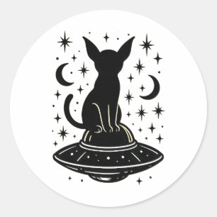 Sticker Rond Chat mystique sur un OVNI avec des étoiles et des