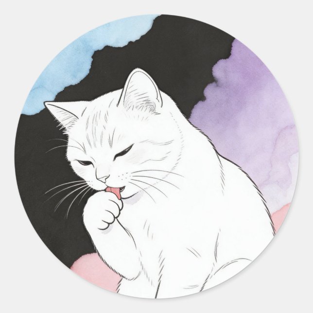 Sticker Rond Chat nettoyant sa patte (Devant)
