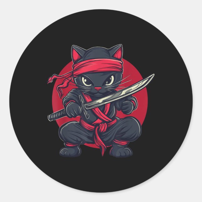 Sticker Rond Chat Ninja Samurai Japon Drapeau japonais Kawaii F (Devant)