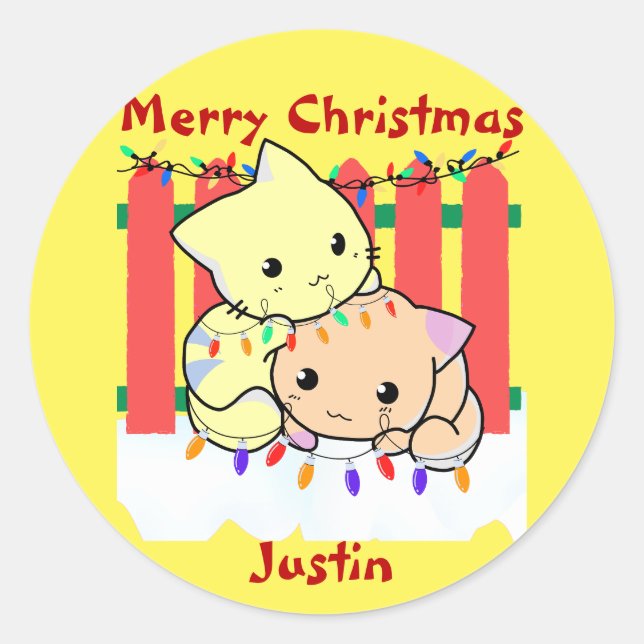 Sticker Rond Chat noël dehors, nom personnalisé (Devant)
