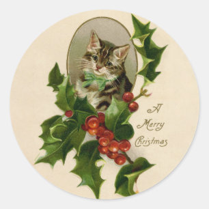 Sticker Rond Chat Noël Joyau Holly Kitten Art antique