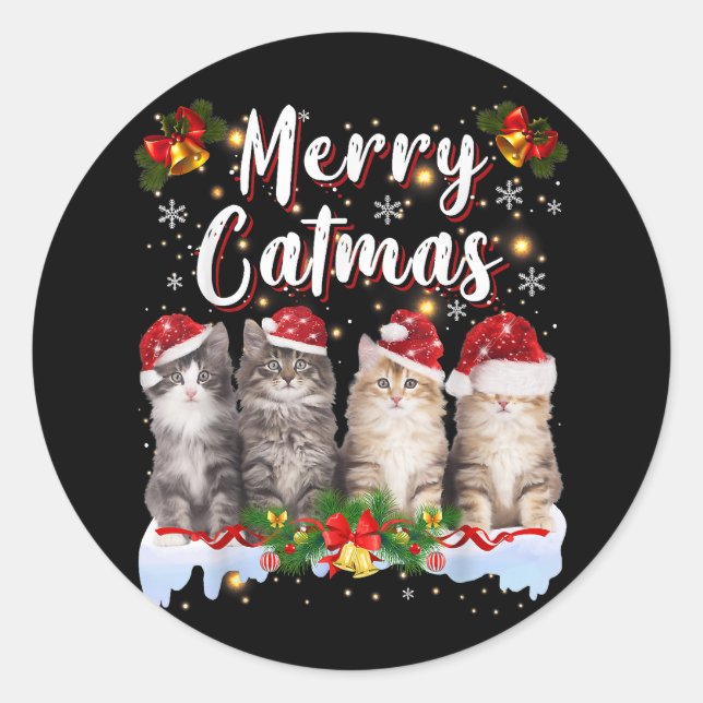 Sticker Rond Chat Noël Santa Hat Funny Joyeux Noël (Devant)
