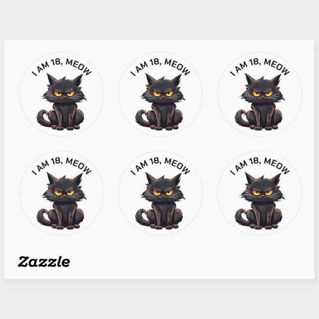 Sticker Rond Chat noir 18e anniversaire Blanc (Feuille)