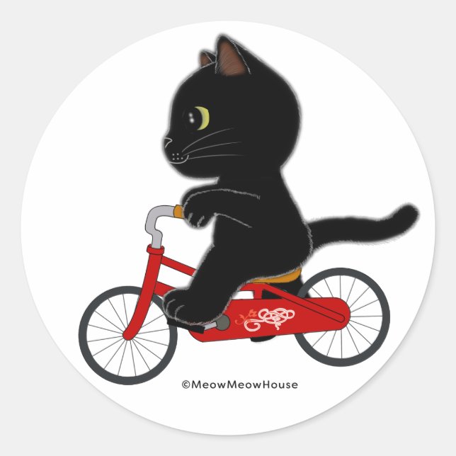 Sticker Rond Chat noir à bicyclette (Devant)