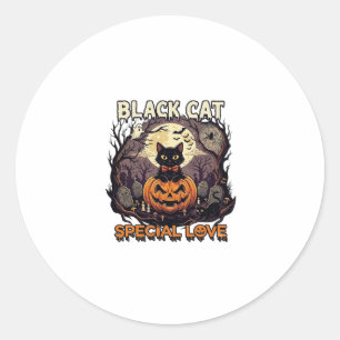 Sticker Rond Chat Noir Amour Spécial Halloween Citrouille Plein