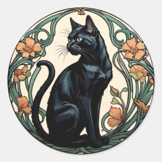 Sticker Rond Chat noir Art Nouveau